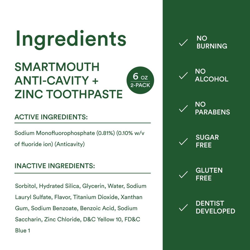 SmartMouth Premium Zinc Ion Toothpaste - Whitening - with Fluoride - Refreshing, Anti-Cavity Toothpaste for Adults - Strengthens Enamel - Mild Mint Flavor, 6 oz (2 Pack) - Image 3